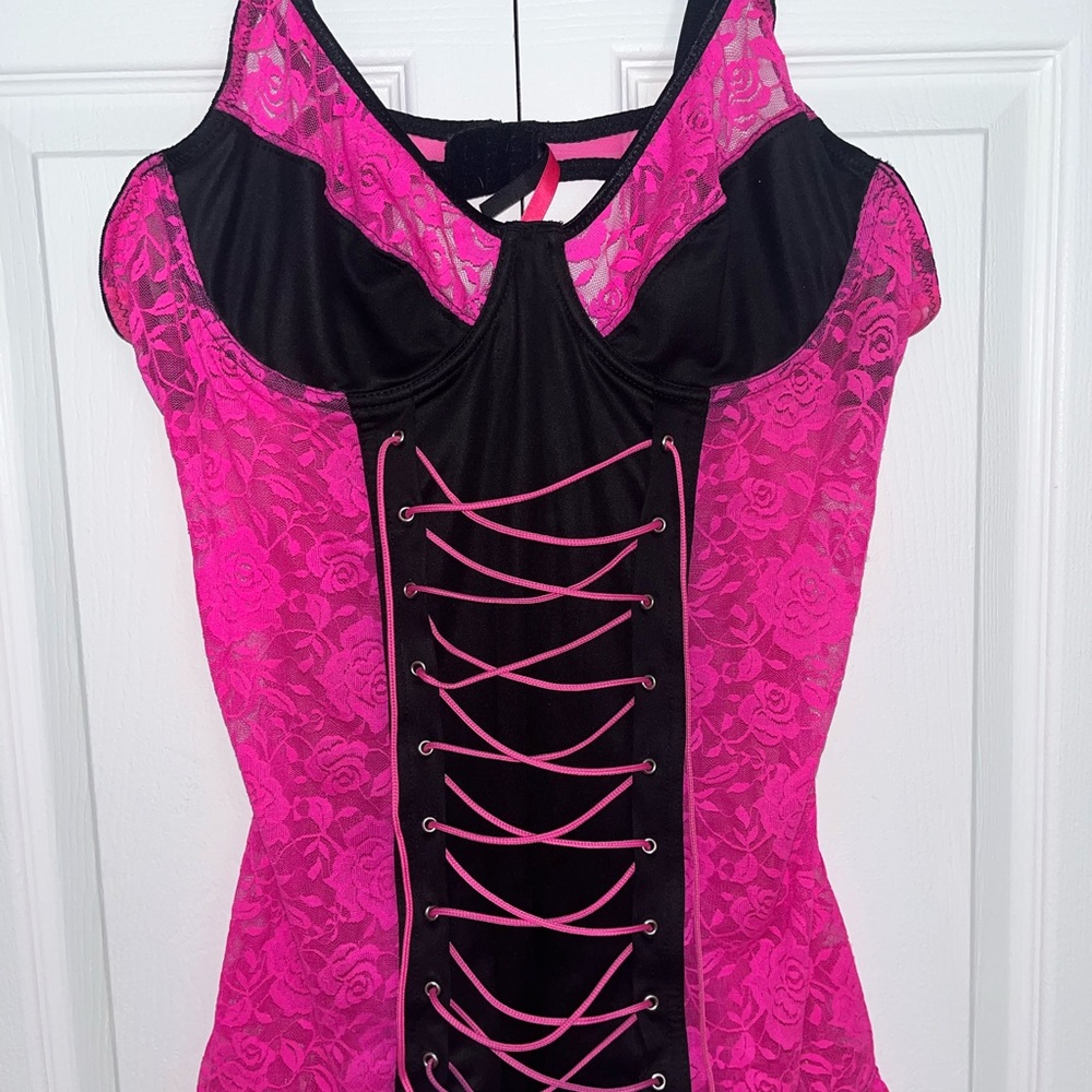 Pink and Black Lace Corset Top
